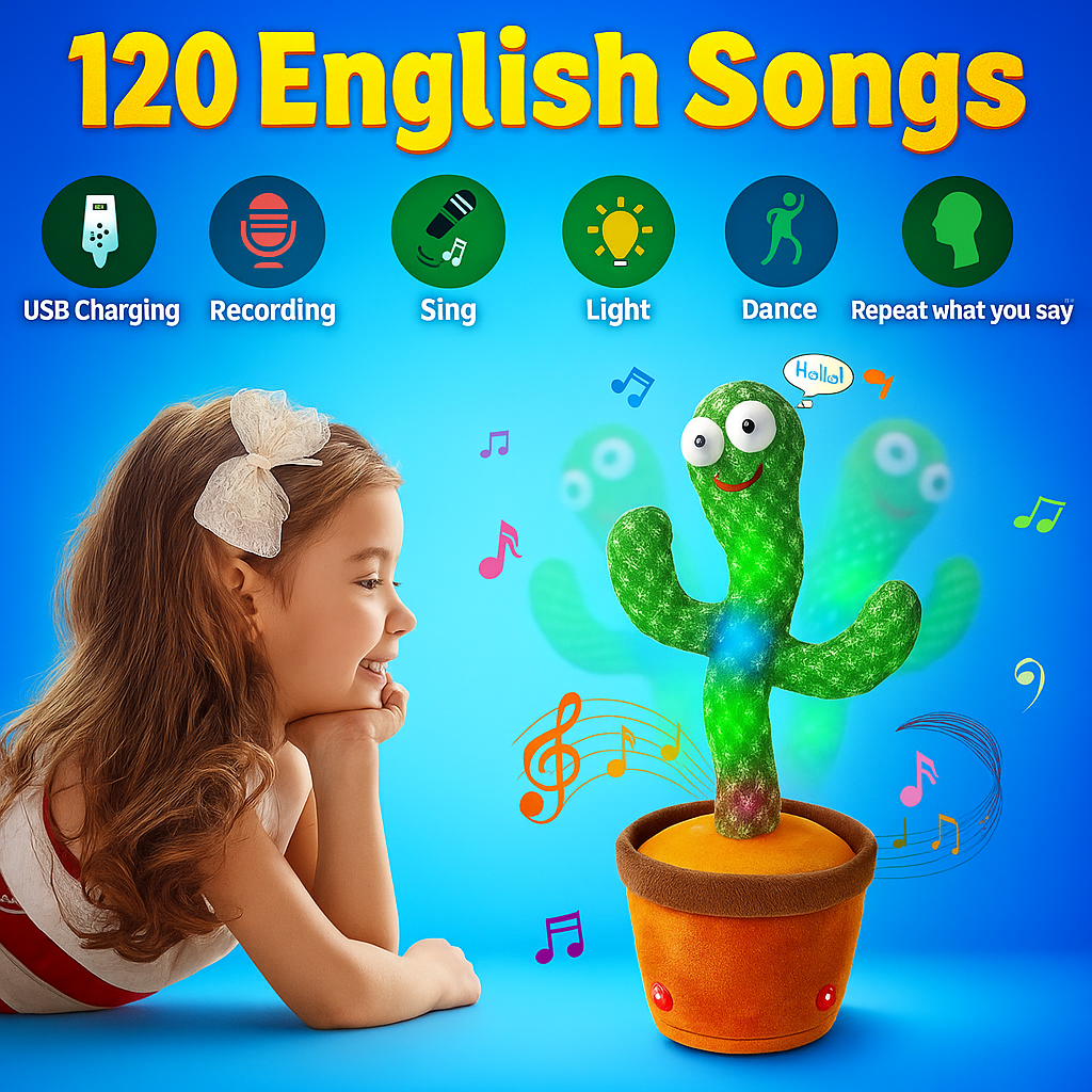 USB Rechargeable Dancing & Singing Cactus Toy – Interactive Talking Plush with LED Lights