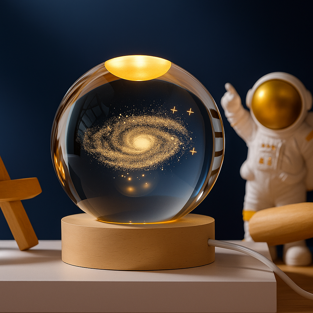 🌠 3D Milky Way Crystal Ball Lamp ✨ Starry Universe LED Light with Astronaut Touch.