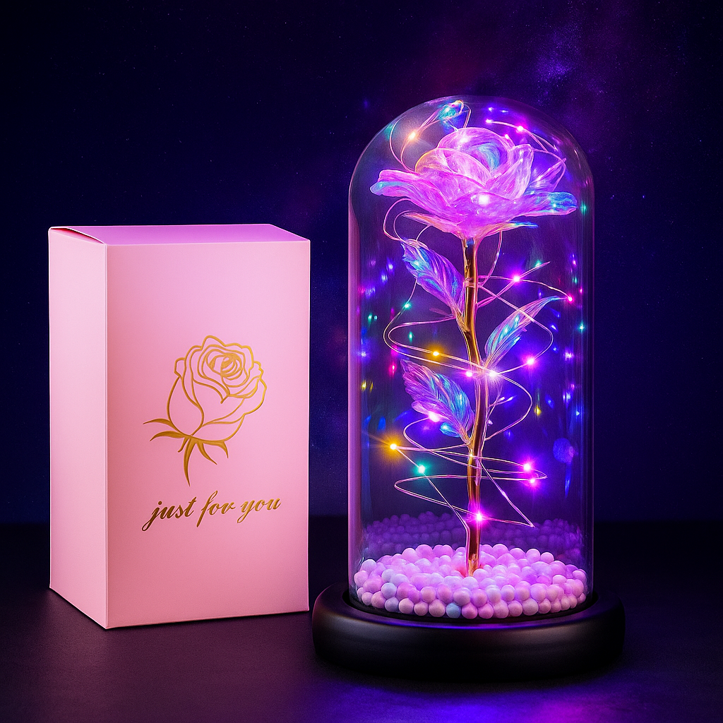 Crystal Rose with LED Fairy Lights – Elegant Glass Dome Night Lamp For Home Decoration.
