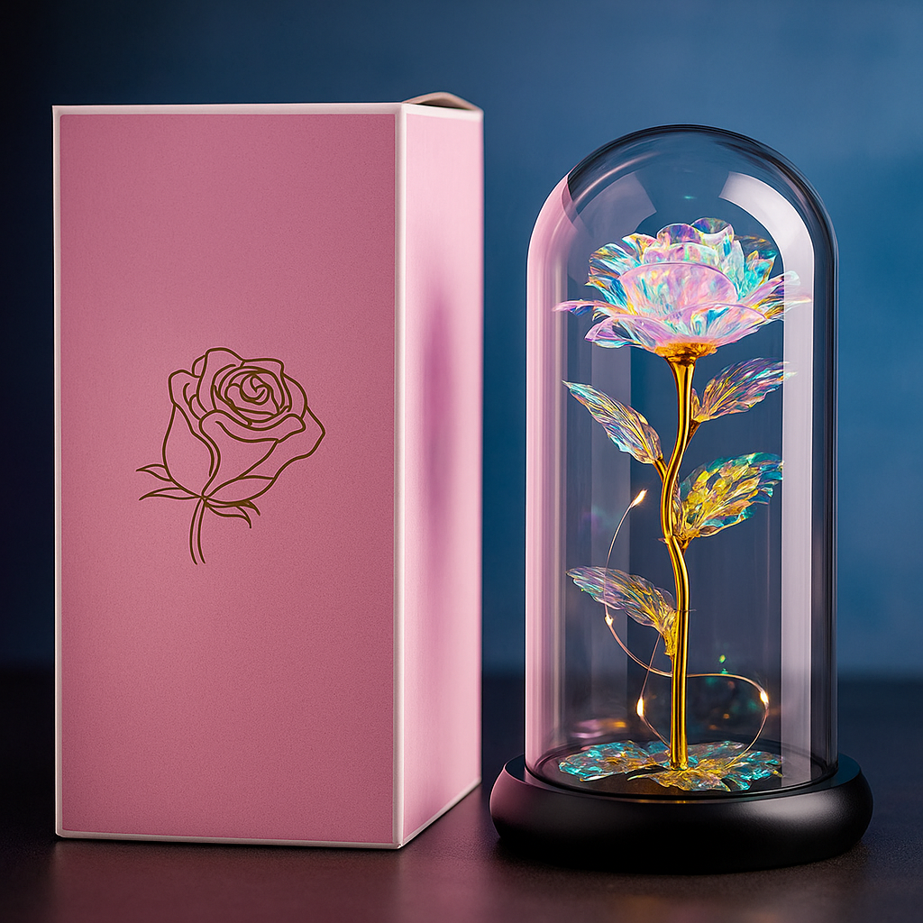 Crystal Rose with LED Fairy Lights – Elegant Glass Dome Night Lamp For Home Decoration.