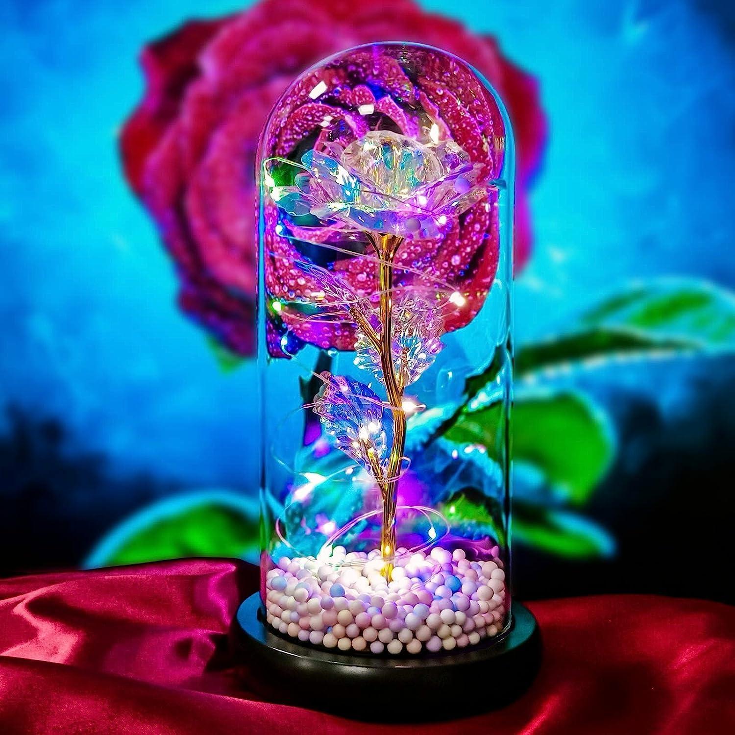Crystal Rose with LED Fairy Lights – Elegant Glass Dome Night Lamp For Home Decoration.