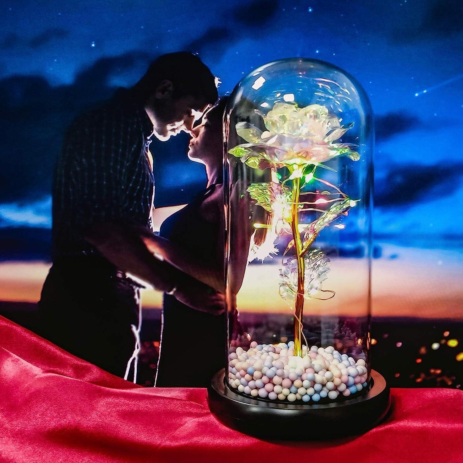 Crystal Rose with LED Fairy Lights – Elegant Glass Dome Night Lamp For Home Decoration.